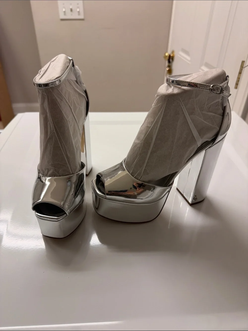 Women's Sam Edelman Silver Metallic Kori Platform PeepToe Heels with Ankle Strap